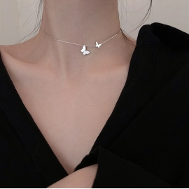 Fashion New 925 Sterling Silver Shiny Flash Diamond Butterfly Double Layer O Chain Necklaces Wedding Party Jewelry for Women