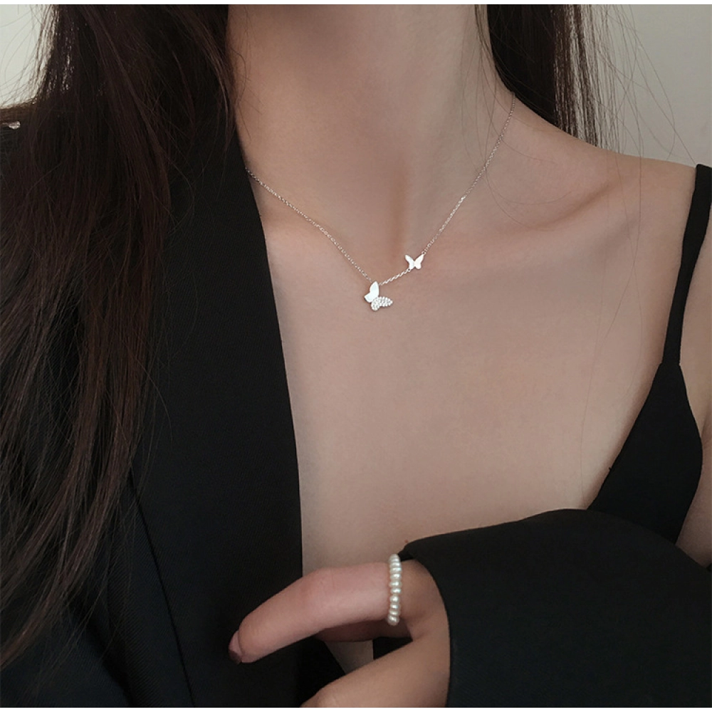 Fashion New 925 Sterling Silver Shiny Flash Diamond Butterfly Double Layer O Chain Necklaces Wedding Party Jewelry for Women
