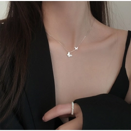 Fashion New 925 Sterling Silver Shiny Flash Diamond Butterfly Double Layer O Chain Necklaces Wedding Party Jewelry for Women